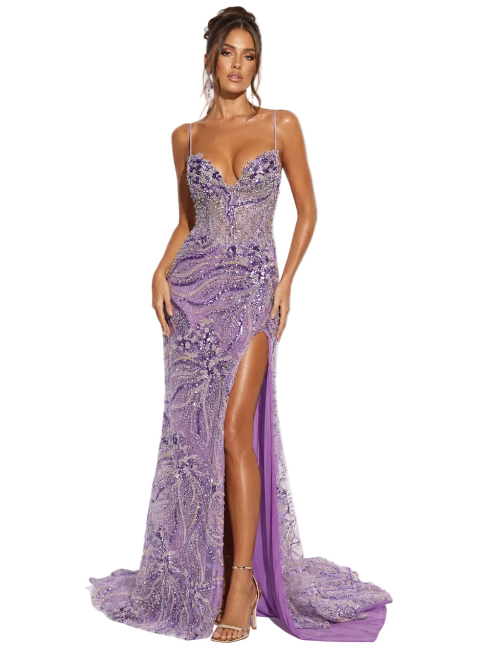 Portia & Scarlett PS25288 Purple Beaded Sequin Crystal Evening Gown – Size 10